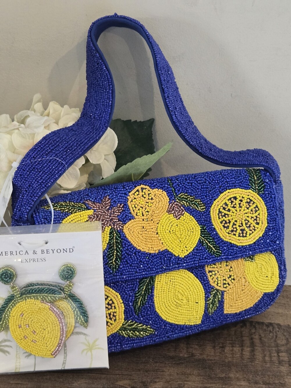 America & Beyond Beaded Lemon Print Shoulder Bag & Beaded Earrings